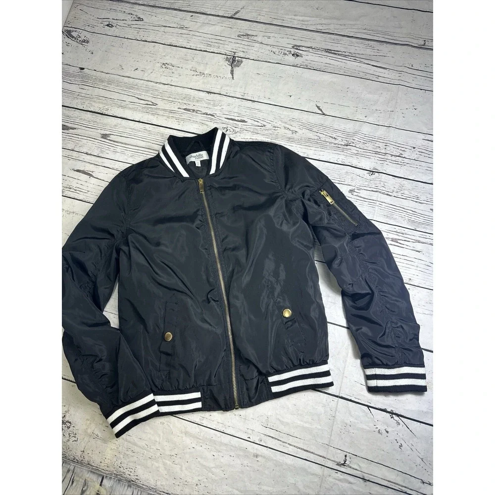 Charlotte Russe Womens Black Bomber Jacket Varsity Stripe Ruched Sleeve XS